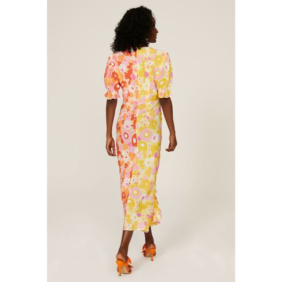 Rixo Ariel Floral Colorblock Ruffled V-Neck Short Sleeve Cocktail Maxi Dress 10 - Picture 9 of 10